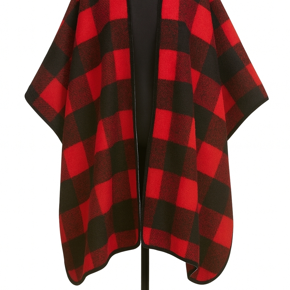 Nicole Miller Red and Black Checkered Zip Front Poncho